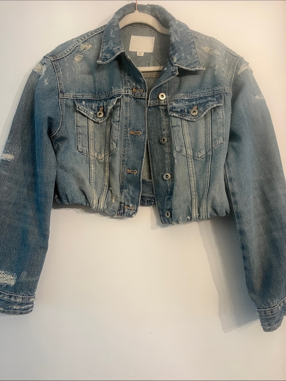 Zara Light Blue Distressed Cropped Denim Jacket
